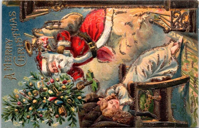 Full Length SANTA Holding a Bag of Toys and a CHRISTMAS Tree Postcard