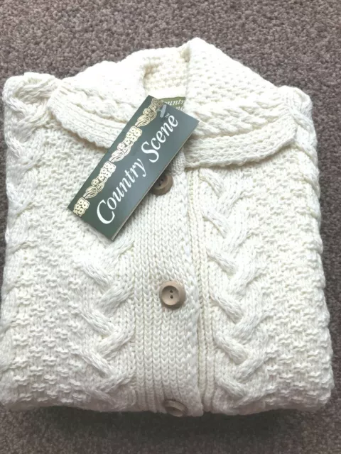 Soft 100% British Wool Ladies Aran Style Collared Cardigan Chunky Cable Knit