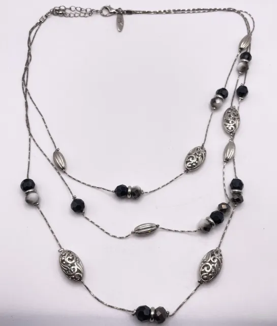 NY & Co Silver Tone Ornate Beads Black Faceted Beaded 3 Strand Modern Necklace
