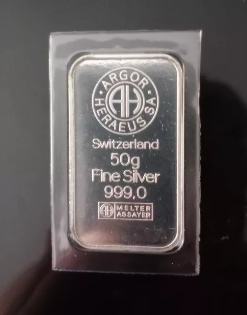 Barra lingote de plata Argor Heraeus 50 gramos sellado hermetico 999.0