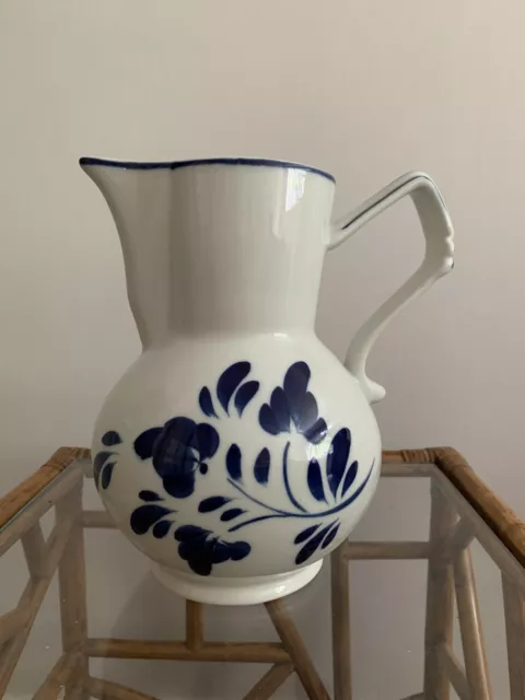 Vintage Portuguese hand painted blue and white floral pottery jug 25 Cms.