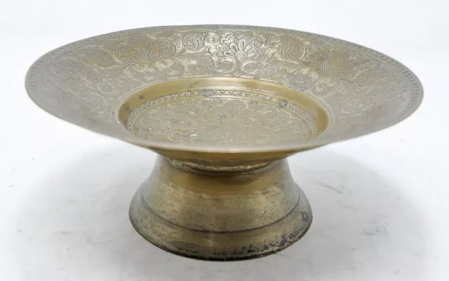 Antique Brass Round Plate Original Old Fine Floral Mughal Engraving Collector's