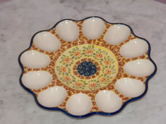 Polish Pottery Egg Plate! UNIKAT Signature Mama Rose Pattern!