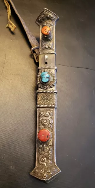 Antique Chinese Tibetan Dagger Knife  Silver Sheath W Turqoise & Coral Stones