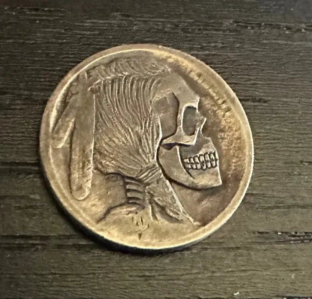 Hobo Buffalo Nickel Hand Carved Coin By Gediminas Palsis  - Skull faded Date 1