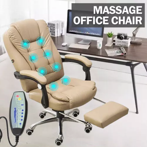 Massage Gaming Office Chair 8 Point PU Leather Computer Seat khaki w/footrest