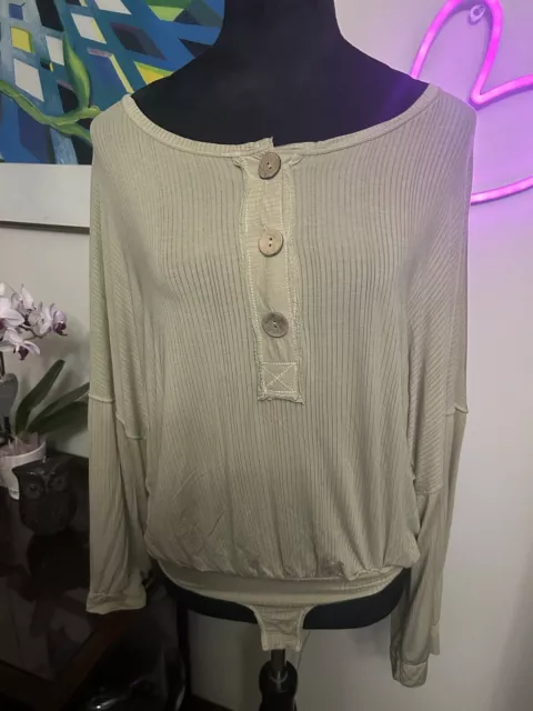 Intimately Free People olive green striped ribbed bodysuit long sleeve Size XS