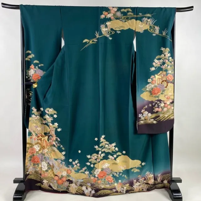 Japanese Kimono Furisode Pure Silk An Ox Drawn Coach Flowering Plants Deep Green