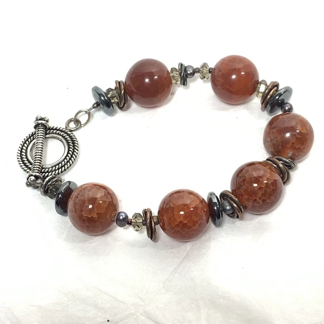 Handcrafted Carnelian Bead Bracelet Hematite Pearl Mix Metals Toggle
