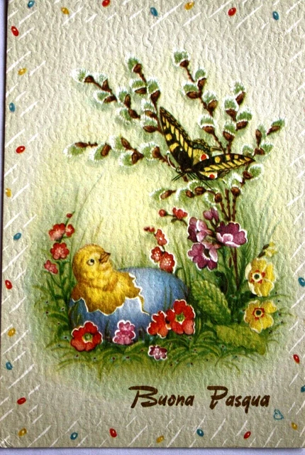 BUONA PASQUA CARTOLINA vintage con pulcino nell'uovo farfalla e fiori ...
