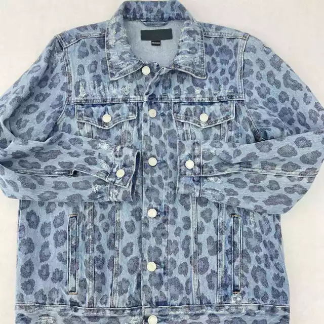 Blank NYC Light Blue Cotton Denim Cheetah Print Button Up Jean Jacket Men M 3