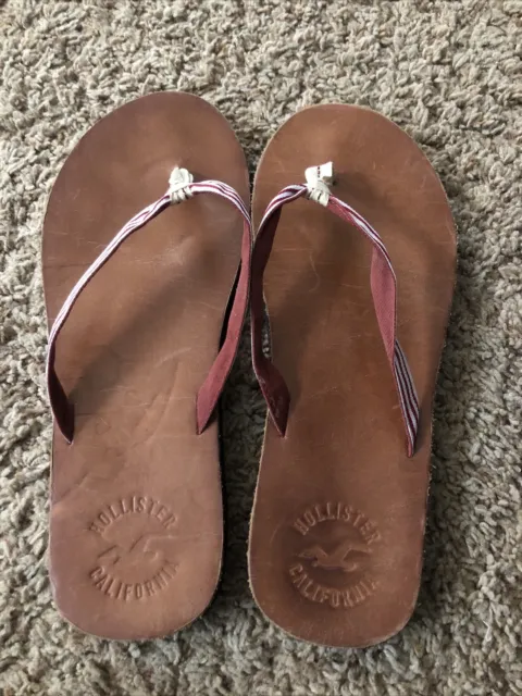 Hollister Flip Flops Thongs Red White Stripe Womens Shoes Sandals 10” Footbed