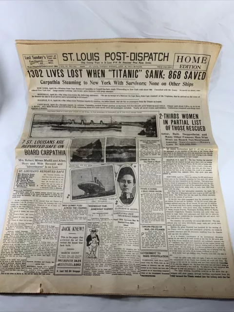 St. Louis Post Dispatch April 16, 1912 Replica Newspaper Titanic Sinking