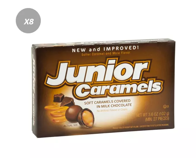 903366 8 x 102g THEATRE BOXES JUNIOR CARAMELS PURE CHOCOLATE COVER SOFT CARAMELS