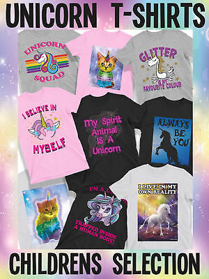 Ragazzi e Ragazze Unicorno e gattino Colori Arcobaleno T-shirt a Tema Regalo Di Compleanno