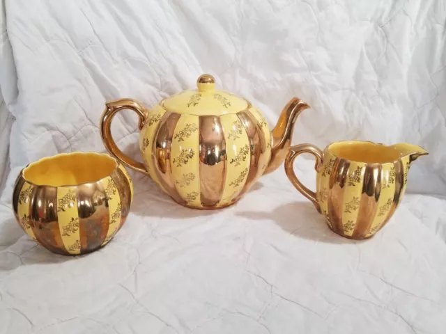 Vintage lot Gibson Tea Pot sugar creamer yellow gold Tone Flowers Staffordshire