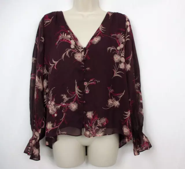 Joie Silk Top Womens Small Floral Long Sleeve V Neck Purple Button Down Blouse