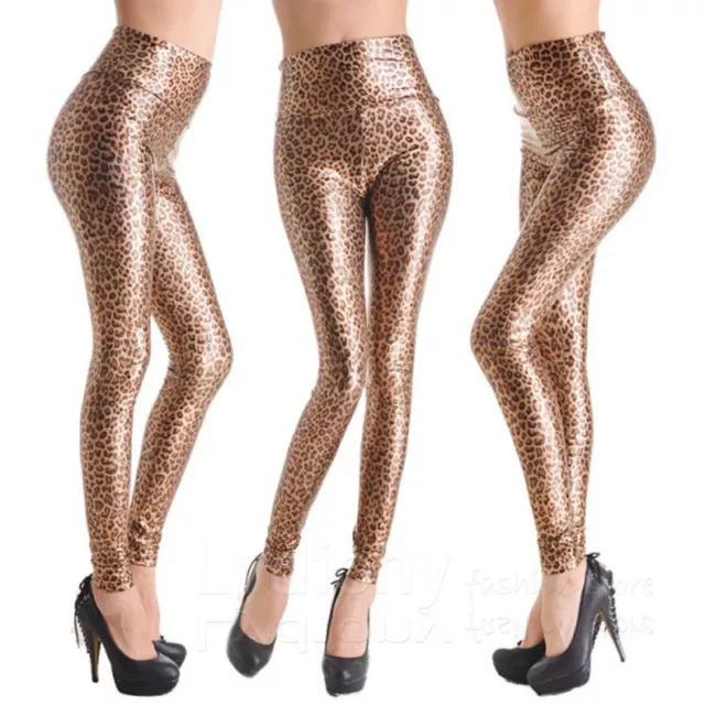 Leopard Print Lady Wet Leather Look High Waist Leggings Pants Tight Ladies Women