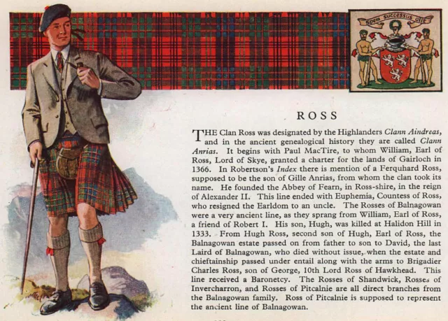 Ross. Scotland Scottish clans tartans arms 1957 old vintage print picture