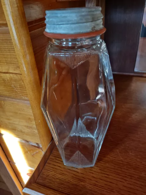 Vintage Glass Coffee Jar Ribbed W- Diamond Sided 10.5" Tall Clean And Unusual