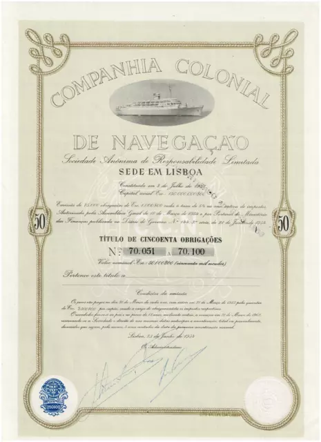 Companhia Colonial de Navegacao, Lisboa 1954, 50 Obligacoes...VF+