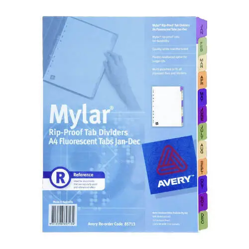Avery January to December Mylar Tab Dividers A4 Fluoro Stylish Multicoloured