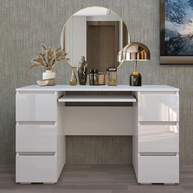 NEW WHITE DRESSING Table High Gloss Vanity Makeup Desk 6 Drawers ...