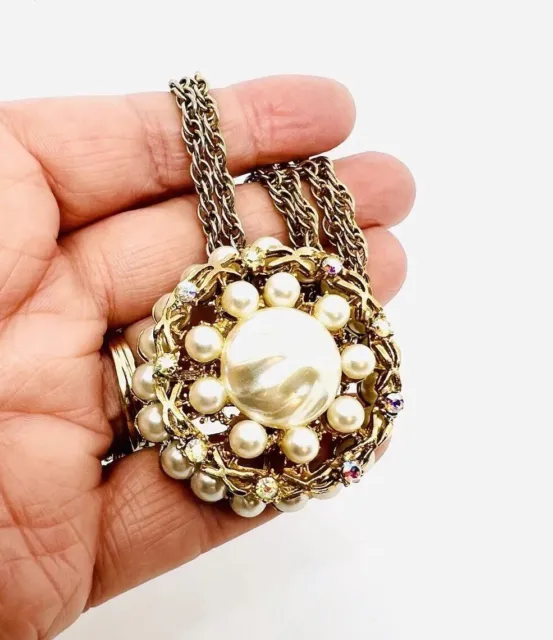 LARGE FAUX BAROQUE Pearl & AB Rhinestone Necklace Vintage Jewelry $49. ...