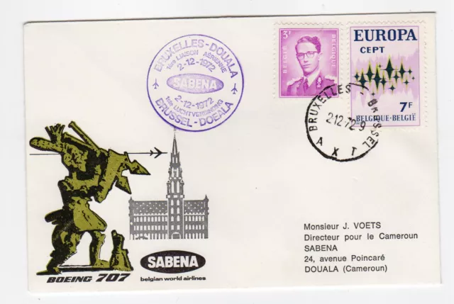 Belgique 1972  timbre sur lettre 1er liaison SABENA  Bruxelles - Douala /L5082