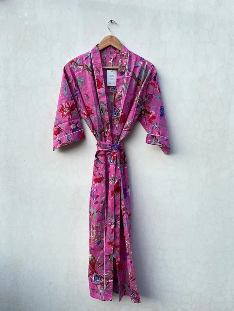 Indian Dark Pink Kimono Night Wear Gown Bird Printed Pure Cotton Maxi Girls Gown