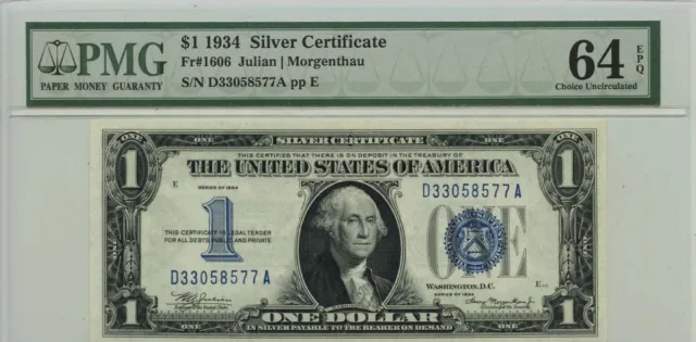 1934 $1 Silver Certificate Blue Seal Fr# 1606 PMG 64 EPQ
