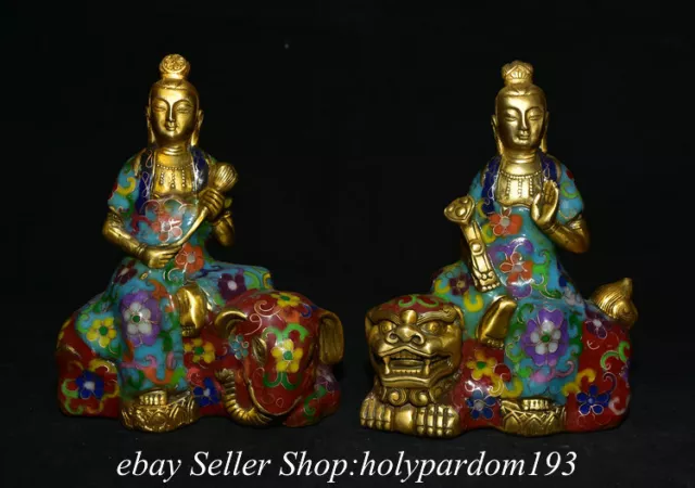 7.2" Old Chinese Bronze Cloisonne Wenshu Pu xian Guan Yin Goddess Statue Pair