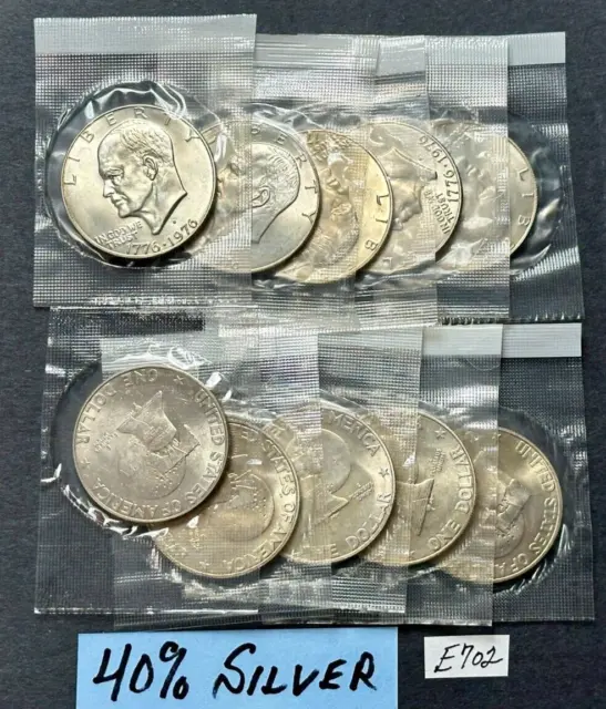 Lot of 10 SILVER BU PROOF Eisenhower Bicentennial Dollars ~ 1976 Silver Dollars