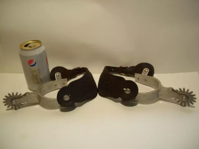 Vtg CR CROCKETT RENALDE ALUMINUM RIDING SPURS w/ HAND TOOLED BOOT COVER STRAPS