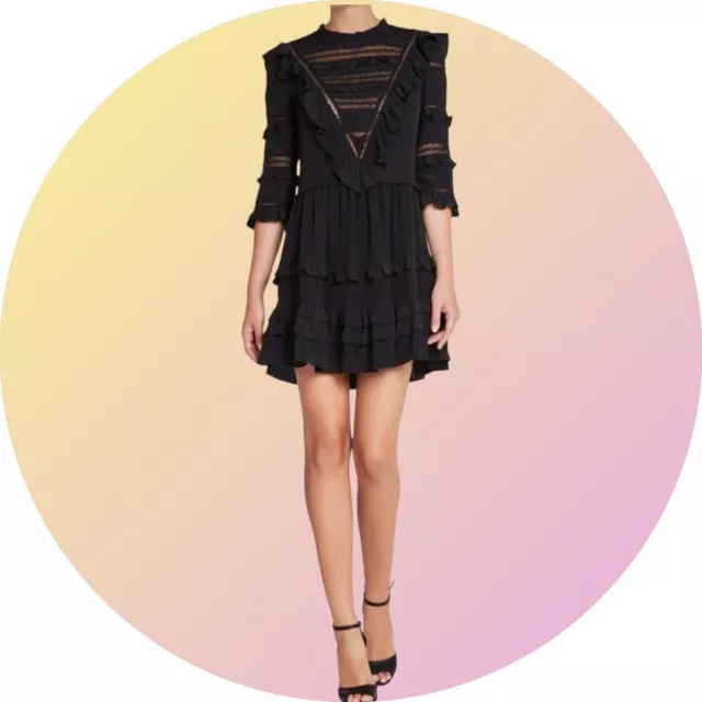 Rebecca Taylor WOMENS Black Goth Prairie Ruffle Silk Dress MSRP $495 Size 4 S