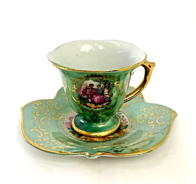 Miniature Demitasse Footed Tea Cup & Saucer Lustre Ware Gilded JAPAN
