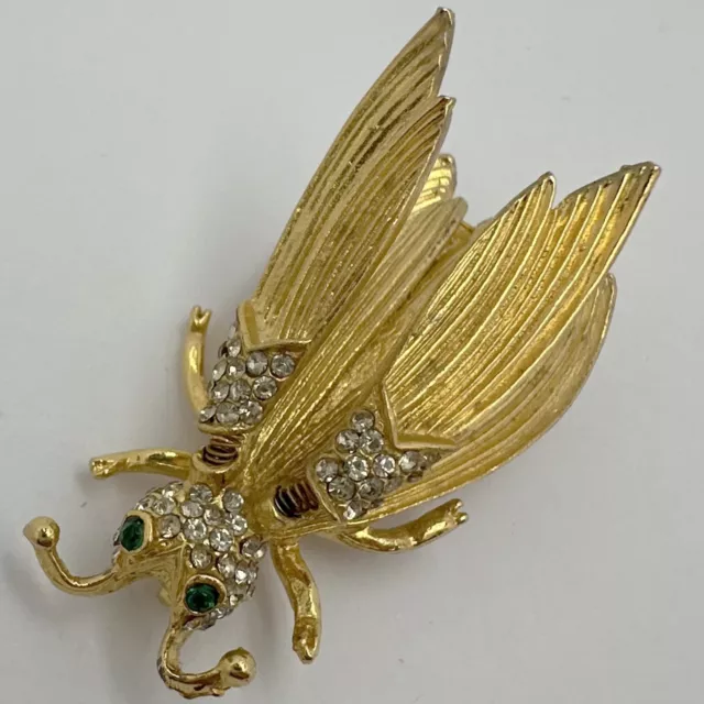 Vintage Hattie Carnegie Gold Plate Rhinestone Bug Insect Trembler Brooch