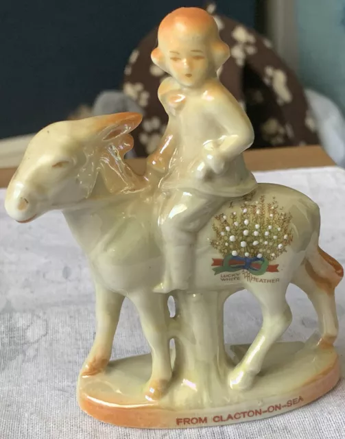 Vintage Ceramic Lustre Crested Girl On Donkey. Lucky White Heather From Clacton.