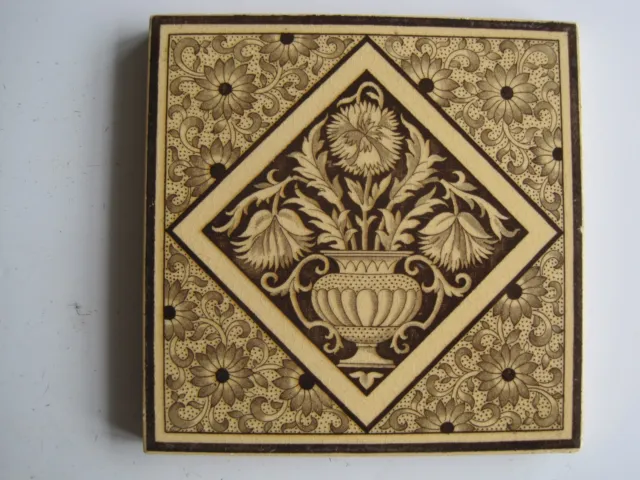 Antique Victorian 6" Mintons Transfer Pattern 1808 Vase & Flowers Tile - C1885