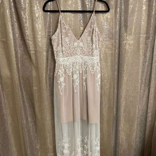 WAYF Clara Ivory Nude Illusion Mesh Lace Maxi Dress Medium NWT