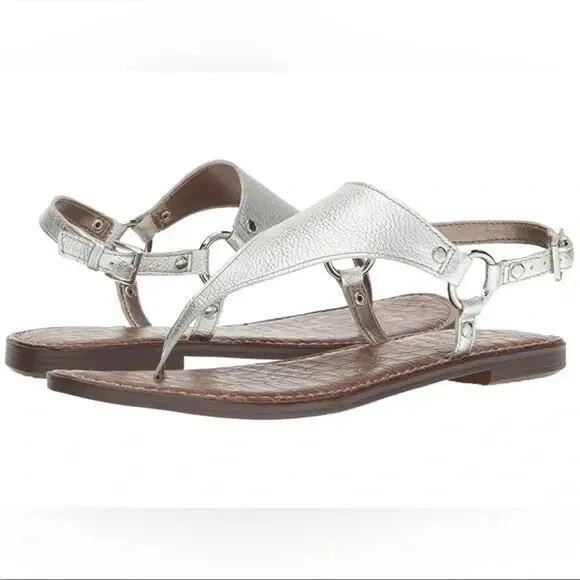NWOB Sam Edelman Greta Leather T-Strap Flat Sandal Thong Pewter Metal Silver 7.5