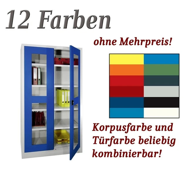 STAHLSCHRANK LABORSCHRANK MATERIALSCHRANK mit SICHTFENSTER 12 Farben 195x100x40