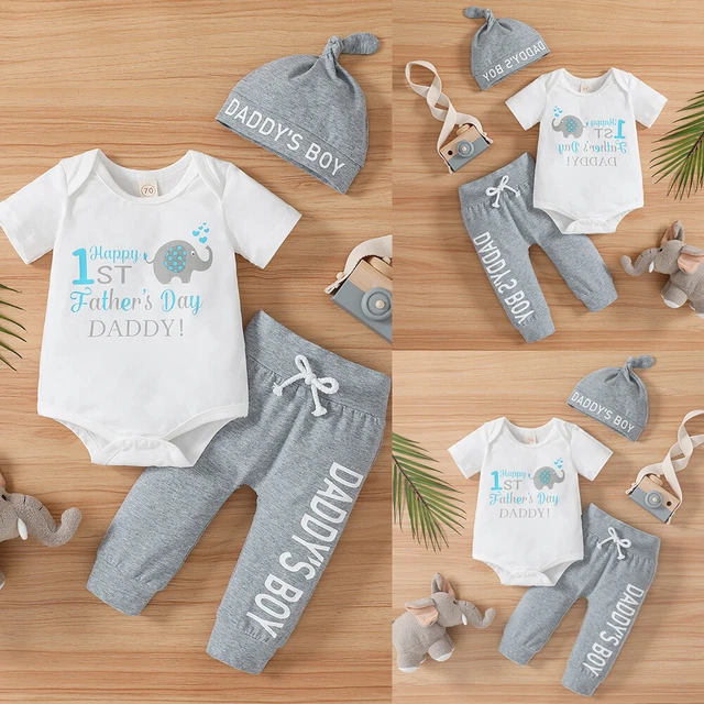 3PCS Newborn Baby Boy Print Romper Tops Long Pants Hat Outfits Set Party Clothes
