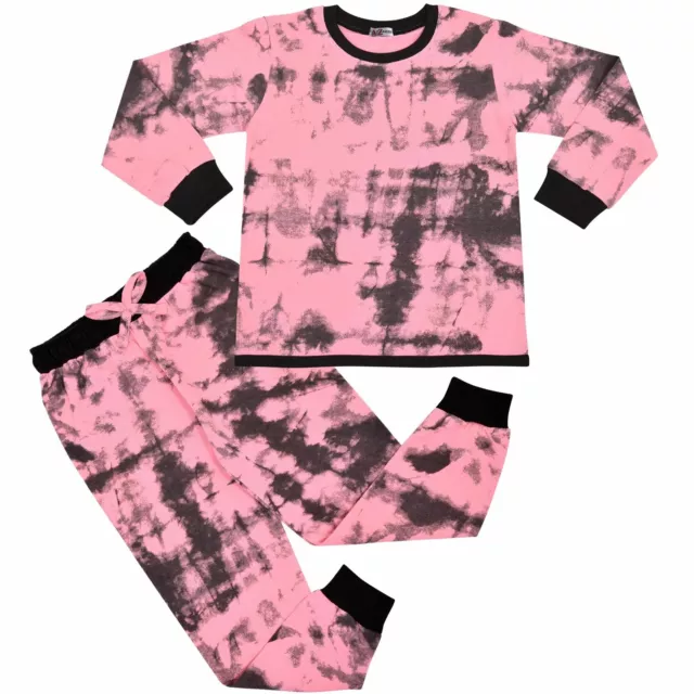 Kids Girls Pyjamas 2 Piece Tie Dye Baby Pink Set Childrens Cotton PJs Nightwear