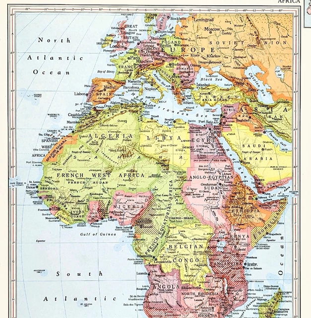 1956 Africa Map Anglo-Egyptian Sudan Spanish Sahara Belgian Congo Rhodesia