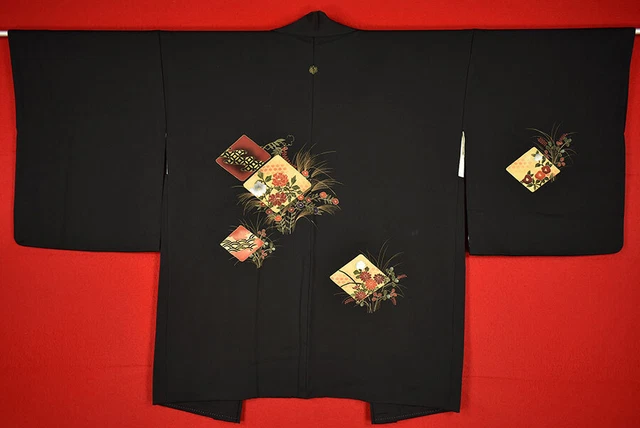 Vintage Japanese Kimono Silk Antique BORO Black HAORI Kusakizome Dyed/B432/595