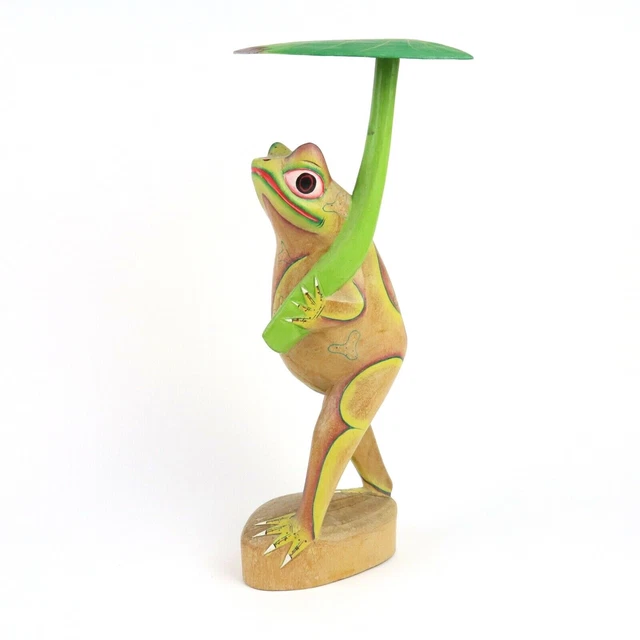 16" Wooden Carved Frog Artist Carving (Toad, Bright Colors) Made in Indonesia