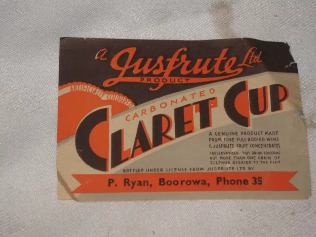 1960's P Ryan Boorowa Jusfrute Ltd Claret Cup Soft Drink Bottle Paper Label