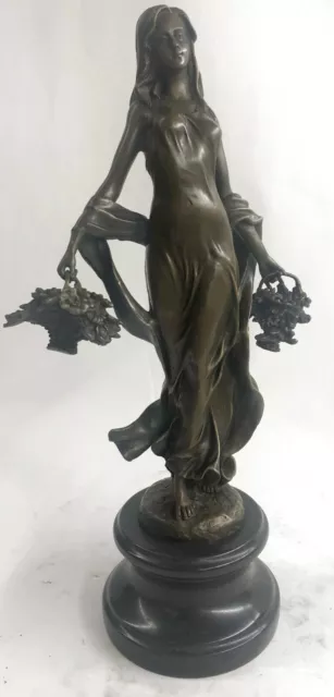 Echt Bronze Statue Bauer Mädchen Mit / Blumen Korb Skulptur Fall Harvest Figur