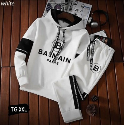 Balmain Tuta Balmain uomo felpa cappuccio TG XXL 2 pezzi pantalone Top Quality bianca 